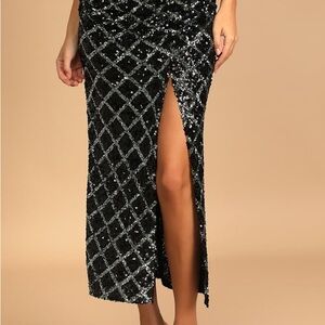 Zara Black Sequin Midi Skirt with Front Slit